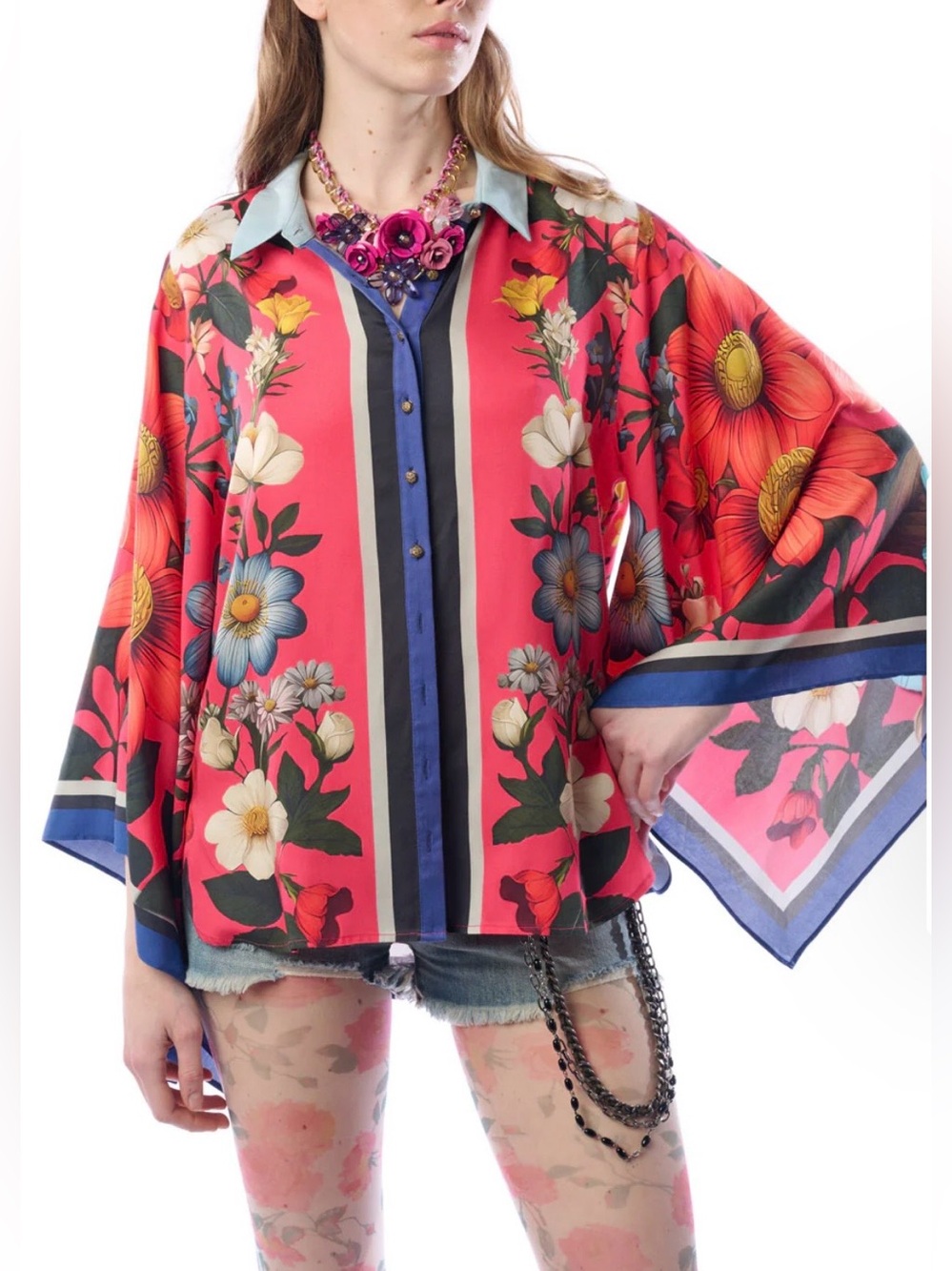 Aratta Coral Floral Garden  Button-Front Kimono Blouse size small